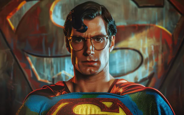 HD wallpaper of Superman from the comics, with a vividly colored costume and the iconic S-shield, standing in front of a stylized backdrop.