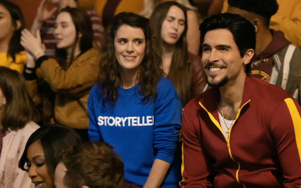 HD desktop wallpaper featuring characters from the TV show The Big Door Prize at a crowded event.