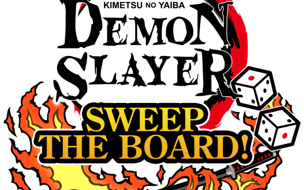 HD desktop wallpaper and background for the video game 'Demon Slayer -Kimetsu no Yaiba- Sweep the Board!', featuring stylized text and flaming dice imagery.
