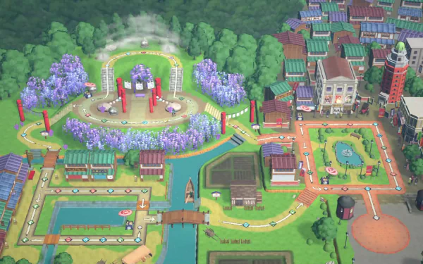 HD desktop wallpaper featuring a stylized, animated board game setting from Demon Slayer -Kimetsu no Yaiba- Sweep the Board! video game, with vibrant greenery and traditional Japanese architecture.