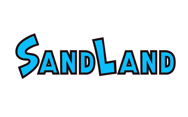 HD desktop wallpaper featuring the stylized logo for Sand Land with a blue gradient on a black background.