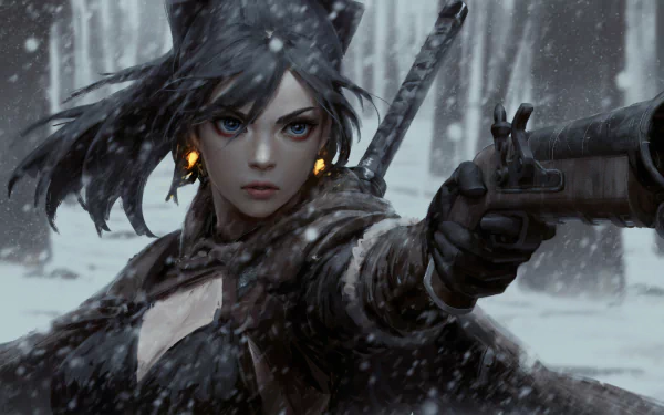 4K Ultra HD PC desktop wallpaper featuring a determined female warrior with glowing earrings aiming a firearm in a snowy forest setting.