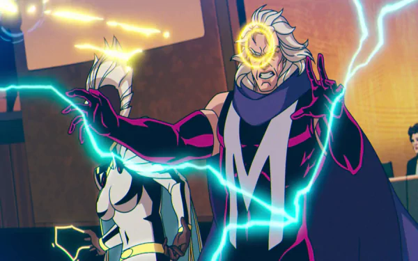 Magneto and Storm from Marvel Comics in a vibrant X-Men '97 TV show-inspired desktop wallpaper.