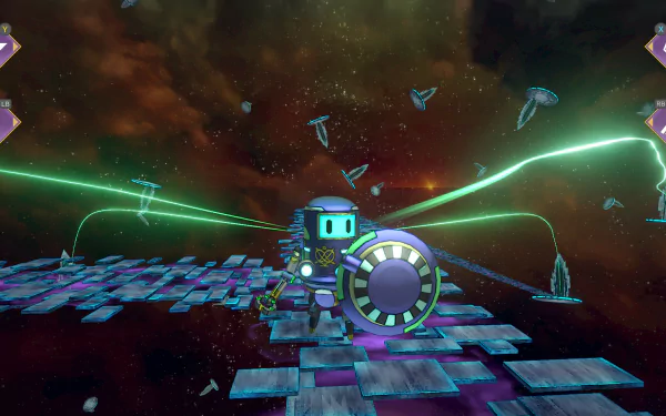 HD desktop wallpaper from the SaGa Emerald Beyond video game, featuring a robotic character and dynamic cosmic background with floating debris and green lasers.