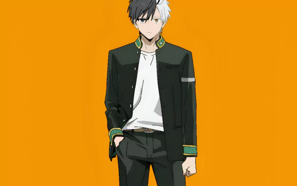 Anime-style HD PC desktop wallpaper featuring Haruka Sakura from Wind Breaker, standing confidently against a solid orange background.