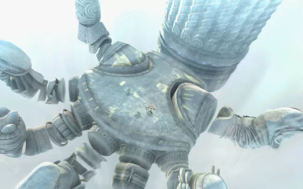 HD desktop wallpaper from El Shaddai: Ascension of the Metatron, featuring a gigantic armored figure with a tiny character on its chest in a misty environment.