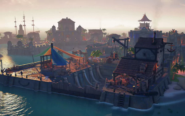 HD desktop wallpaper from the video game Sea of Thieves, depicting a vibrant pirate outpost at sunset with ships docked in the serene sea.