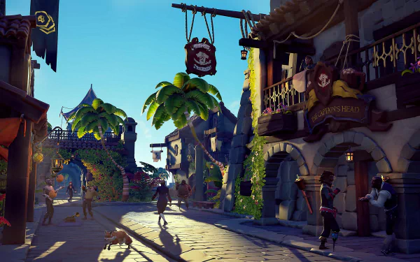 HD desktop wallpaper of a vibrant scene from Sea of Thieves featuring pirates and townsfolk in a bustling port town with tropical palms and colonial architecture.