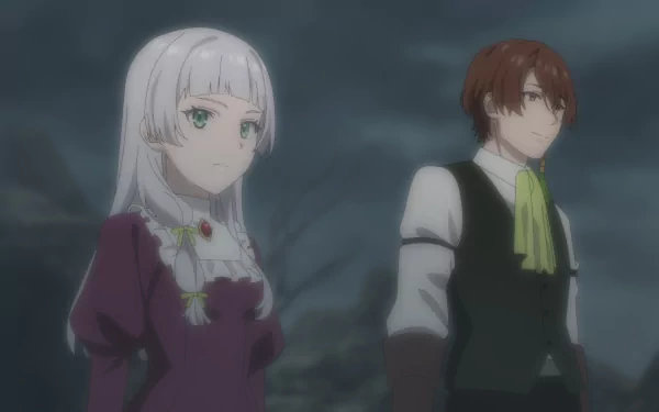 HD wallpaper from 'Unnamed Memory' anime featuring a male and a female character standing outdoors with a cloudy evening backdrop.