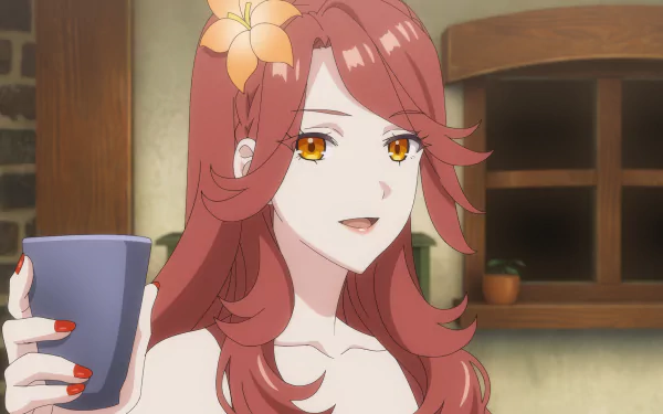 HD desktop wallpaper from the anime Unnamed Memory featuring a smiling woman with orange eyes and curly red hair holding a mug in a cozy room setting.