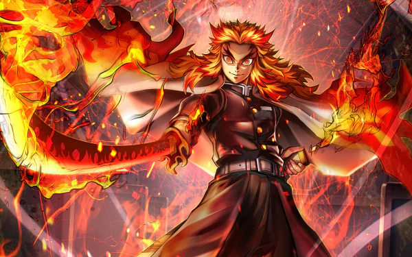 Vibrant 4K Ultra HD wallpaper featuring Kyojuro Rengoku, a character surrounded by flames and wielding a fiery sword, embodying strength and determination.