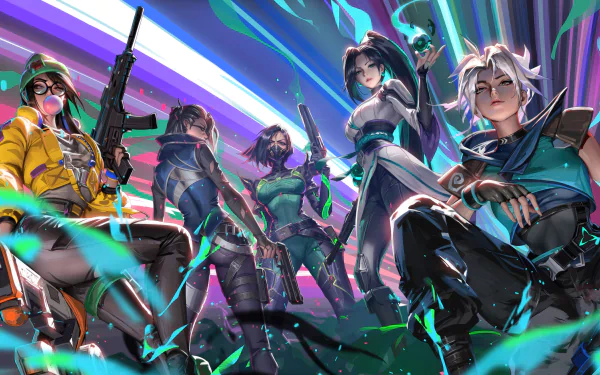 4K Ultra HD Valorant wallpaper featuring five dynamic agents in action-ready poses with vibrant, futuristic colors and glowing effects on a PC desktop background.