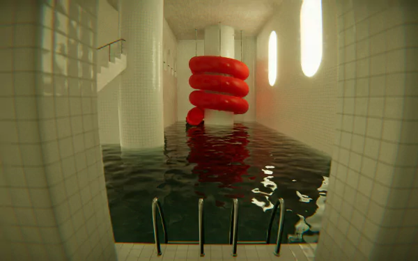 HD desktop wallpaper of a video game-themed indoor pool with a large red inflatable in the water, surrounded by white tiled walls and oval windows.