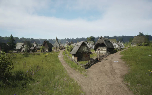 HD desktop wallpaper featuring a medieval village from the video game Manor Lords, with rustic houses along a dirt path in a lush landscape.