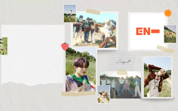 HD PC desktop wallpaper featuring a collage of ENHYPEN members in various outdoor and casual poses with the ENHYPEN logo prominently displayed.