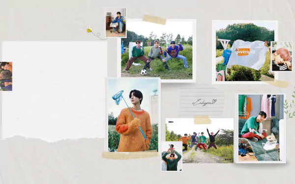 HD PC desktop wallpaper featuring a collage of ENHYPEN members in casual outdoor and indoor settings with handwritten text and tape accents.