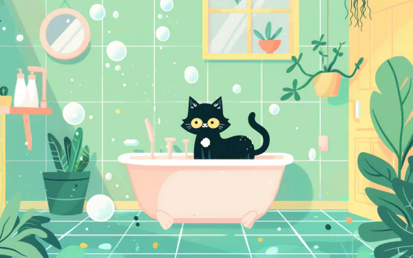 HD desktop wallpaper featuring a black cat sitting in a bathtub in a cheerful, bubble-filled bathroom with plants and a window.