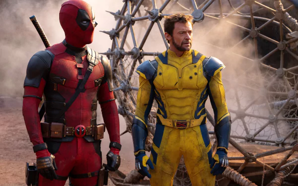 Deadpool and Wolverine stand side by side in a dynamic 8K Ultra HD PC desktop wallpaper, showcasing their iconic costumes and intense expressions amidst a rugged background.