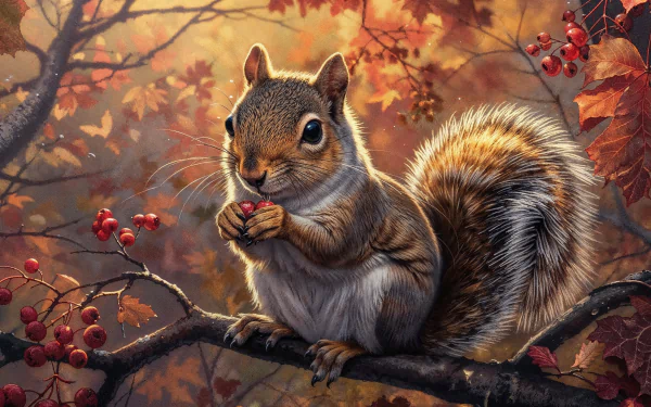 A charming squirrel sits on a branch, nibbling on a nut among vibrant autumn leaves and berries, creating a beautiful HD desktop wallpaper and background.