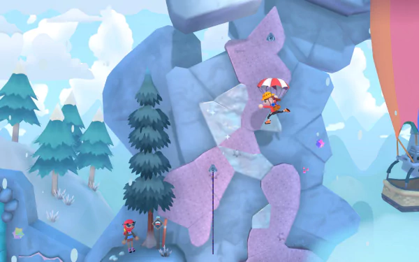 HD desktop wallpaper featuring a scene from the video game Surmount with characters navigating a whimsical, icy obstacle course.