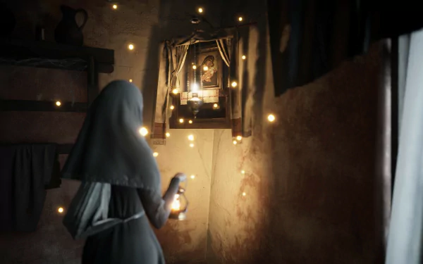 HD desktop wallpaper from the video game Indika featuring a hooded figure holding a lantern in a dimly lit room adorned with twinkling lights.