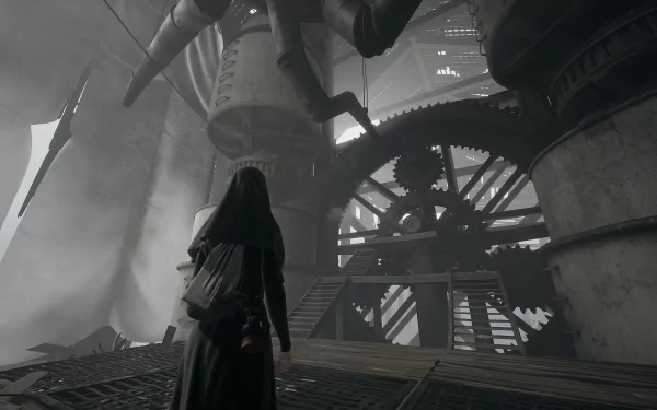 HD desktop wallpaper from the video game Indika depicting a character in a cloak observing an ominous industrial setting with large gears and fog.