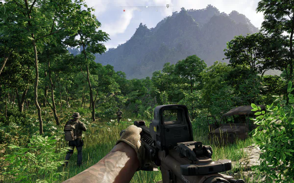 HD desktop wallpaper from the video game Gray Zone Warfare featuring a first-person view of a soldier's arm holding a gun in a lush jungle environment.