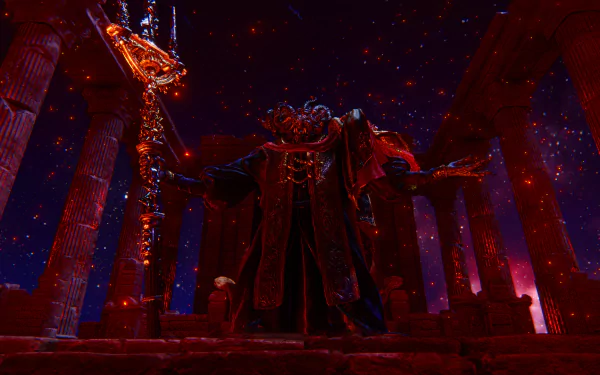 HD wallpaper of Mohg, Lord of Blood from Elden Ring, depicted in a vibrant red-lit temple holding a staff, showcasing a dramatic and dark ambiance.