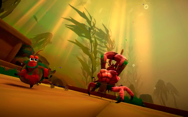 HD desktop wallpaper from the video game Another Crab's Treasure, featuring two colorful crabs in an underwater setting with seaweed and light rays.