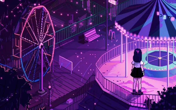 HD wallpaper of an 8-bit, isometric lo-fi image featuring a person observing a purple-themed amusement park with a Ferris wheel and merry-go-round at night.