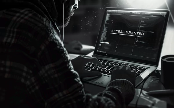 HD wallpaper of a hacker at a laptop displaying Access Granted, depicting a technology-themed background.