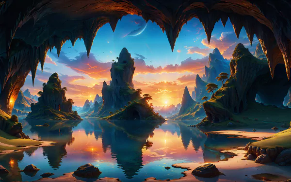 landscape lake cave sunset reflection HD Desktop Wallpaper | Background Image
