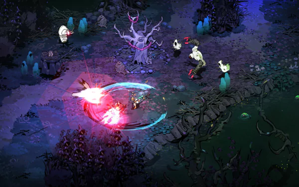 HD desktop wallpaper from Hades II showcasing a vibrant battle scene with characters engaged in dynamic combat in a dark, mystical forest setting.