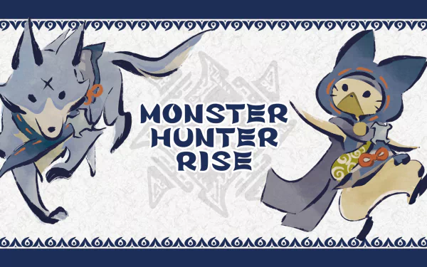 HD desktop wallpaper featuring whimsical characters from Monster Hunter Rise, styled in a vibrant, tribal motif.