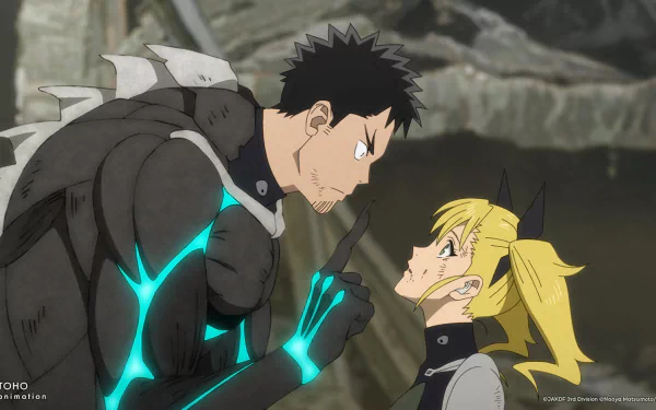 HD wallpaper from Kaiju No. 8 featuring characters Kafka Hibino and Kikoru Shinomiya in a dramatic encounter amidst debris.