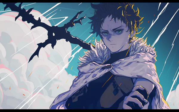 HD desktop wallpaper from Black Clover featuring the character Zenon in a dynamic pose with a dark, spike-like weapon, set against a vividly colored background.