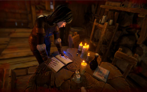 HD wallpaper of a scene from the video game Seed of Life, showing a character examining items on a table by candlelight.