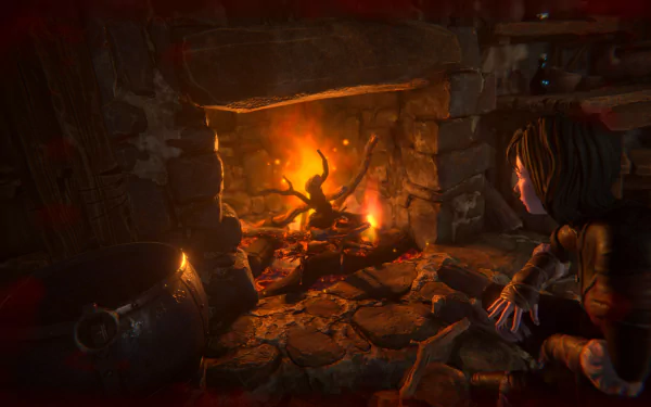 HD desktop wallpaper from the video game Seed of Life, depicting a character warming hands by a cozy fireplace in a rustic stone interior.