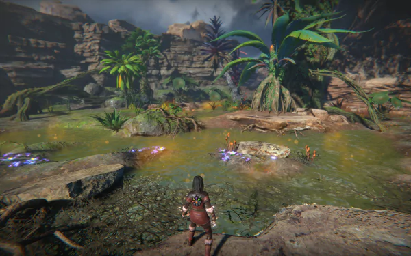 HD desktop wallpaper from the video game Seed of Life, featuring a lush landscape with a character exploring a vibrant pond area surrounded by exotic plants.