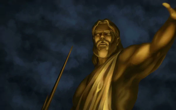 HD desktop wallpaper of a majestic character from Blood of Zeus anime, depicted with a spear against a stormy blue background.