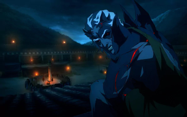 HD desktop wallpaper featuring Seraphim from Blood of Zeus, posed dramatically at night in a dark, torch-lit arena.