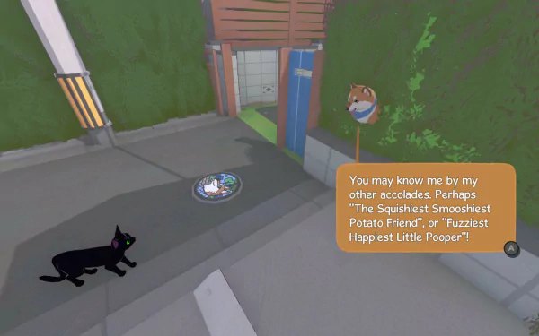 HD desktop wallpaper from Little Kitty Big City game, featuring a black cat near a plate of fish in an urban alley with whimsical text dialogue displayed.