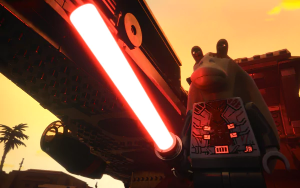 HD desktop wallpaper from LEGO Star Wars: Rebuild the Galaxy featuring a LEGO character wielding a red lightsaber against a sunset backdrop.