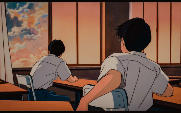 Anime scene from Studio Ghibli's Ocean Waves (1993) showing two students in a classroom with a colorful sky outside, rendered in 4K Ultra HD detail.