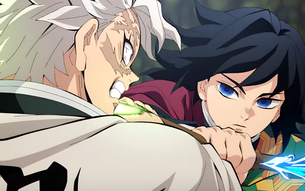 Anime 4K Ultra HD desktop wallpaper: Demon Slayer: Kimetsu no Yaiba — Sanemi Shinazugawa snarling as Giyuu Tomioka parries with a blue blade.