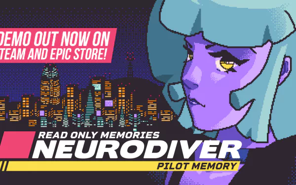 HD desktop wallpaper for Read Only Memories: NEURODIVER, featuring a stylized purple-haired character with cityscape background and game details.