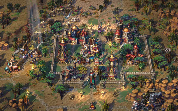 HD desktop wallpaper of the video game Songs of Conquest, featuring a detailed, colorful medieval fort surrounded by lush vegetation and diverse terrain.