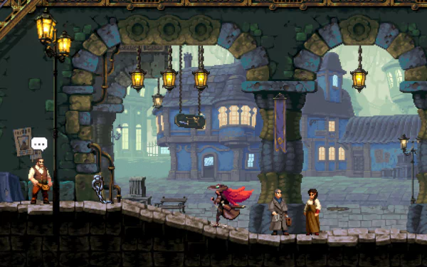 HD wallpaper of Gestalt: Steam & Cinder, featuring a video game scene with characters walking through a steampunk city with arches and lanterns.