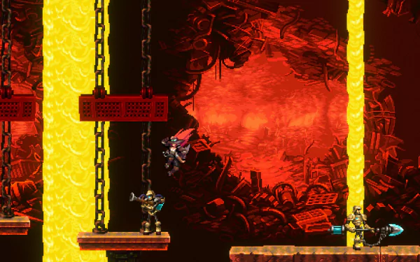 HD desktop wallpaper showcasing a scene from the video game Gestalt: Steam & Cinder with characters navigating a fiery, industrial environment with lava and platforms.