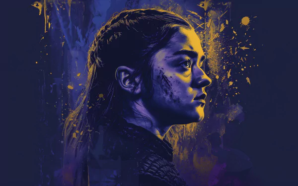 HD desktop wallpaper featuring Arya Stark from the TV show Game of Thrones, portrayed by Maisie Williams. The image has a dark, atmospheric background with artistic splashes of yellow and blue.